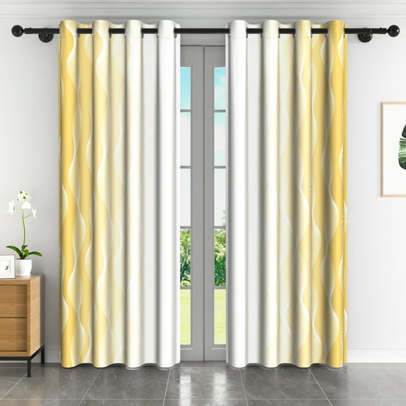 Lfeey Yellow White Blackout Curtains for Bedroom 63 Inches Long, Insulated Grommet Curtains, 2 Panel