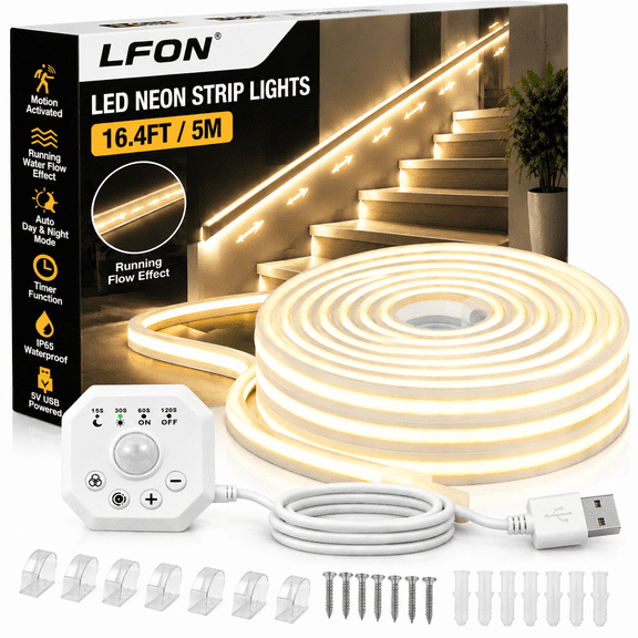 Lfon 16.4FT / 5M Motion Activated, Running Flow Effect LED Neon Strip Light, Warm White, IP65 Waterproof for Stairs and Hallway