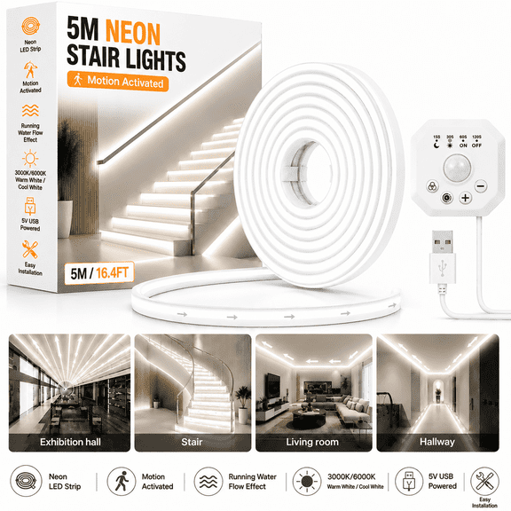 Lfon 5M Neon Motion Sensor LED Strip Lights, USB Powered Flowing Water Effect LED Tape Light, Smart Motion Activated Stair Lights, Running Horse Race Light, Hallway & Under Cabinet Lighting
