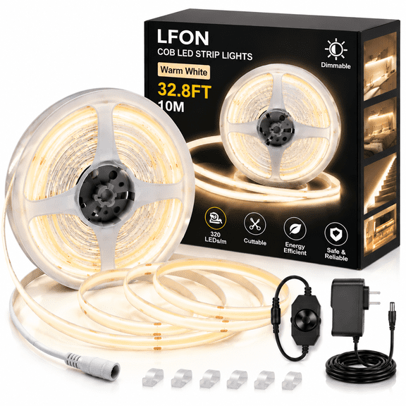 Lfon 32.8FT COB LED Strip, Warm White 24V Dimmable Tape with Rotary Dimmer, Smooth No-Spot Glow for Cabinet and TV Backlight