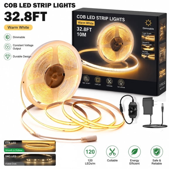 [Lfon] COB LED Strip Light 32.8ft | 8mm Ultra-Thin Dimmable Tape Light for TV Backlight, Bedroom Ambiance, Kitchen Cabinet, Closet, Bookshelf & Staircase | No-Spot Continuous Glow (Warm White/White)