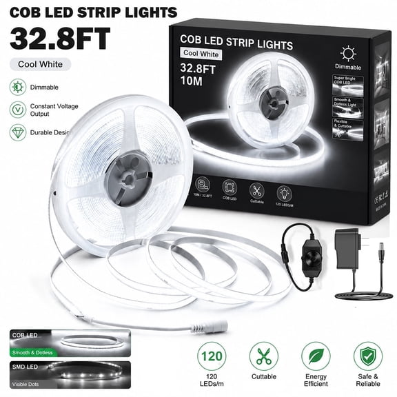 LFON COB LED Strip Light 32.8ft, 8mm Ultra-Thin Dimmable Tape Light with Rotary Dimmer, No-Spot Continuous Glow, White LED Light for TV Backlight, Bedroom, Kitchen Cabinet, Closet & Staircase