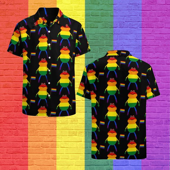 Lgbt Frog Holding Pride Flag Hawaiian Shirt Mens Button Down Plus Size Tropical Hawaii Bea
