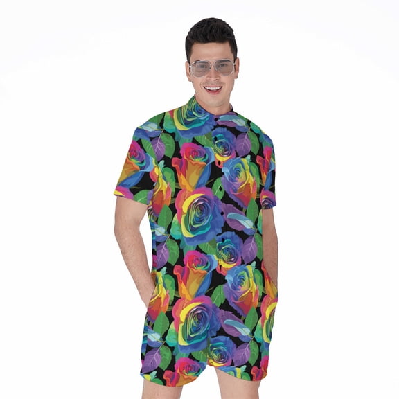Lgbt Pride Rainbow Roses Pattern Short Sleeve Men'S Rompers, Lgbt Lgbtq Pride Month Gifts Casual Summer Jumpsuits Outfit