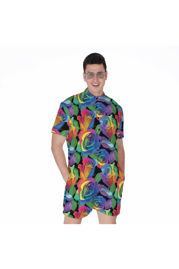 Lgbt Pride Rainbow Roses Pattern Short Sleeve Men'S Rompers, Lgbt Lgbtq+ Pride Month Gifts Casual Summer Jumpsuits Outfit