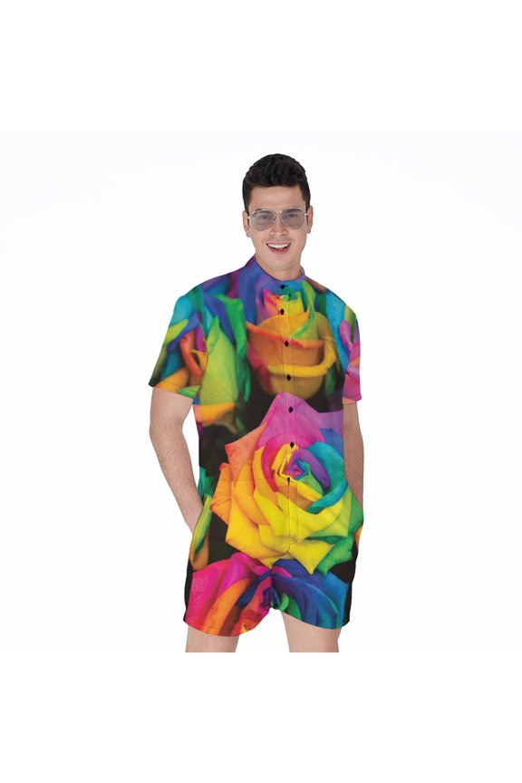 Lgbt Pride Rainbow Roses Short Sleeve Men'S Rompers, Lgbt Lgbtq+ Pride Month Gifts Casual Summer Jumpsuits Outfit