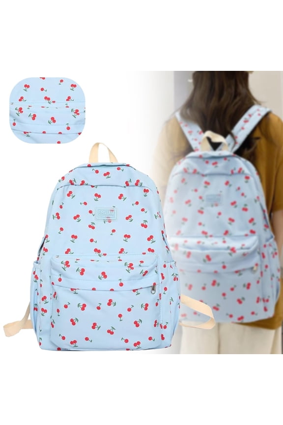 Preppy Backpack Kawaii Cherry Backpack Aesthetic Backpack Cute Cherry Book Bags Waterproof Casual Daypack,1PC,Blue,Cloth