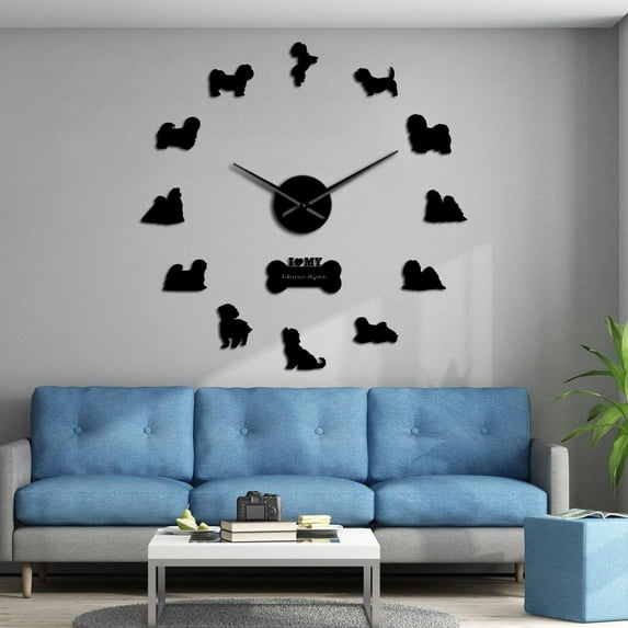 Lhasa Apso DIY Wall Art Stickers Giant Wall Clocks Bearded Lion Dog Home Decor Frameless Large Wall Watch Lhasa Dog Owners Gift(Black,47inch)