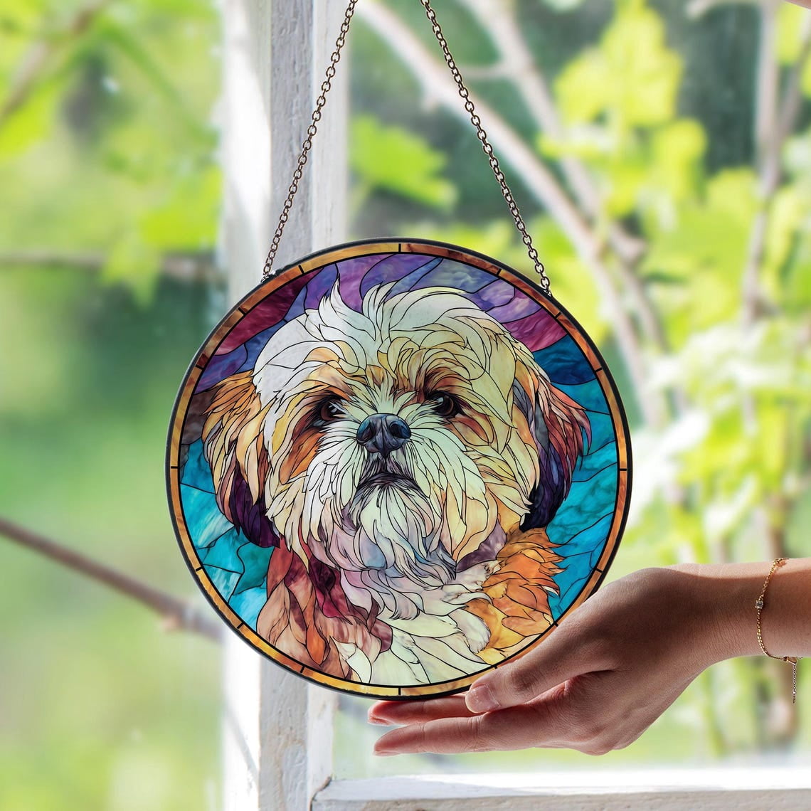 Lhasa Apso Dog Glass Suncatcher, Unique Pet Memorial Art, Cozy Rustic Home Decor, 3.5 in