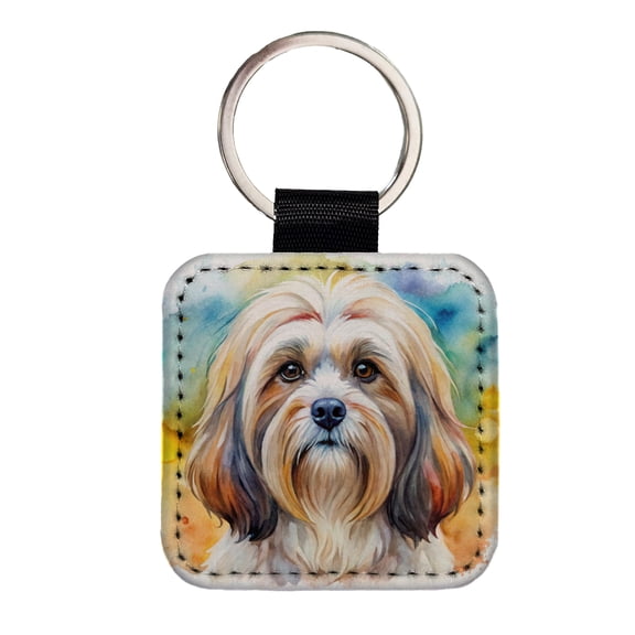 Lhasa Apso Dog Watercolor Style Faux Leather Square Keychain