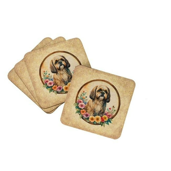 Lhasa Apso and Flowers Foam Coaster Set of 4 3.5 in x 3.5 in