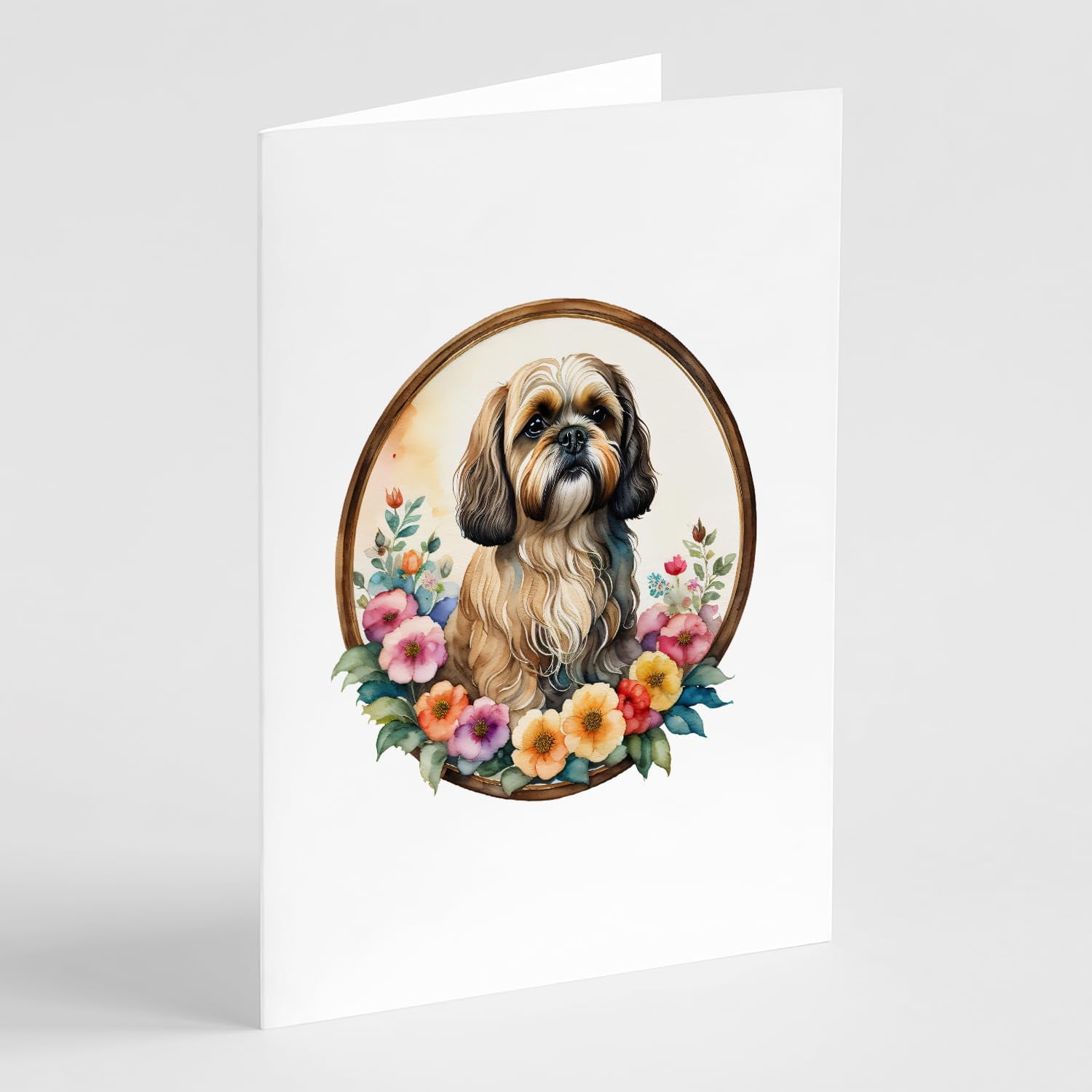 Lhasa Apso and Flowers Greeting Cards and Envelopes Pack of 8 7 in x 5 in