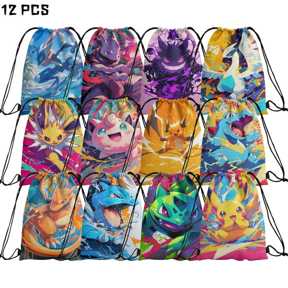 Lheaggik 12 packs Pokemon candy drawstring bag drawstring goodie favor bags for boys and girls cartoon birthday party decorations
