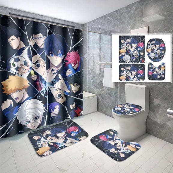 Lheaggik Anime Blue Lock 4 Pcs Bathroom Sets with Shower Curtain and Rugs, Waterproof Polyester Shower Curtain Sets with Hooks