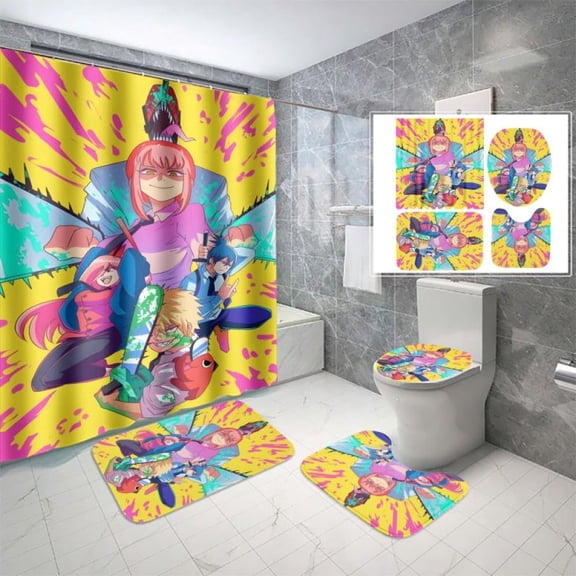 Lheaggik Anime Chainsaw Man 4 Pcs Bathroom Sets with Cartoon Shower Curtain and Rugs,Waterproof Polyester Shower Curtain Sets with Hooks