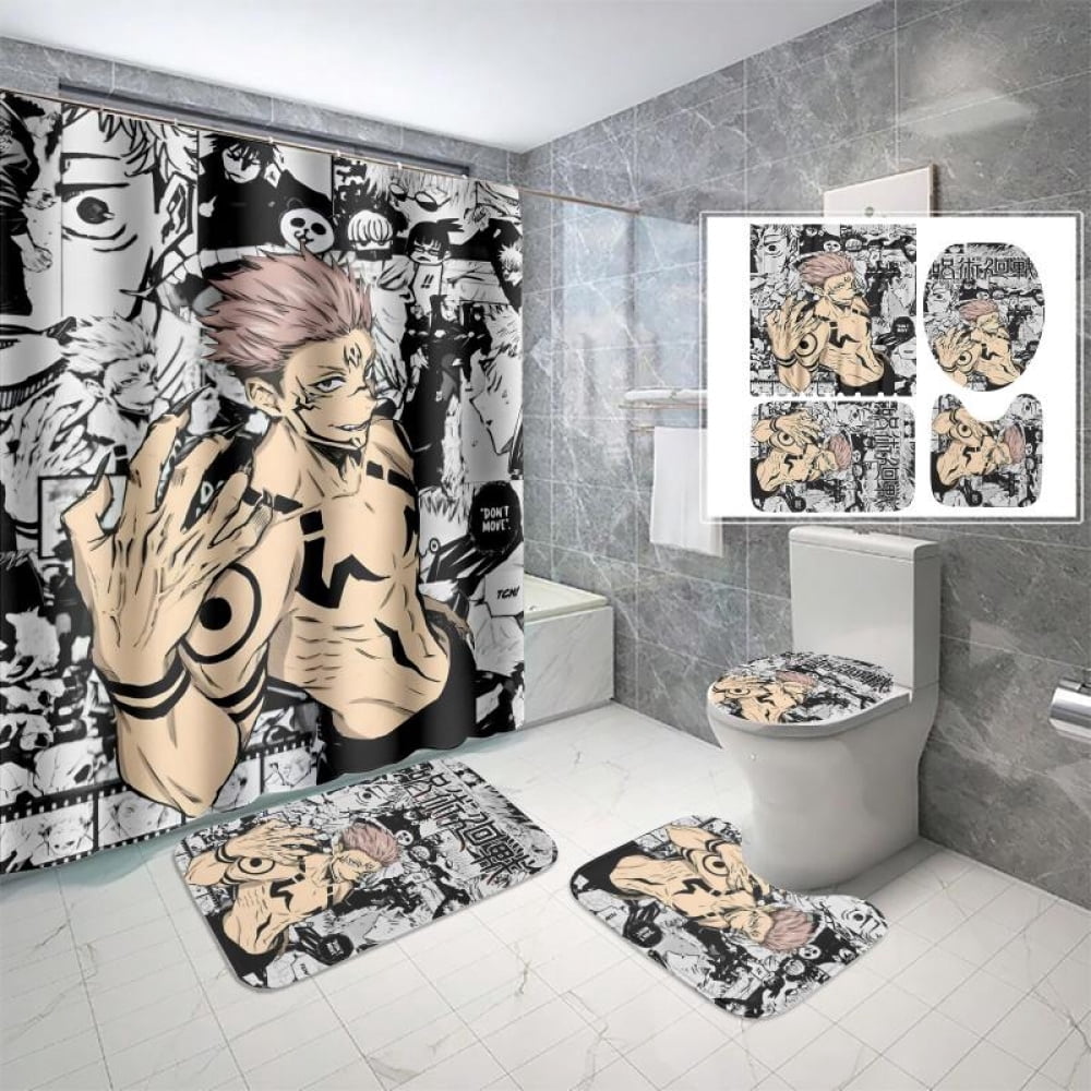 Lheaggik Anime Jujutsu Kaisen 4 Pcs Bathroom Sets with Shower Curtain and Rugs, Waterproof Polyester Shower Curtain Sets with Hooks