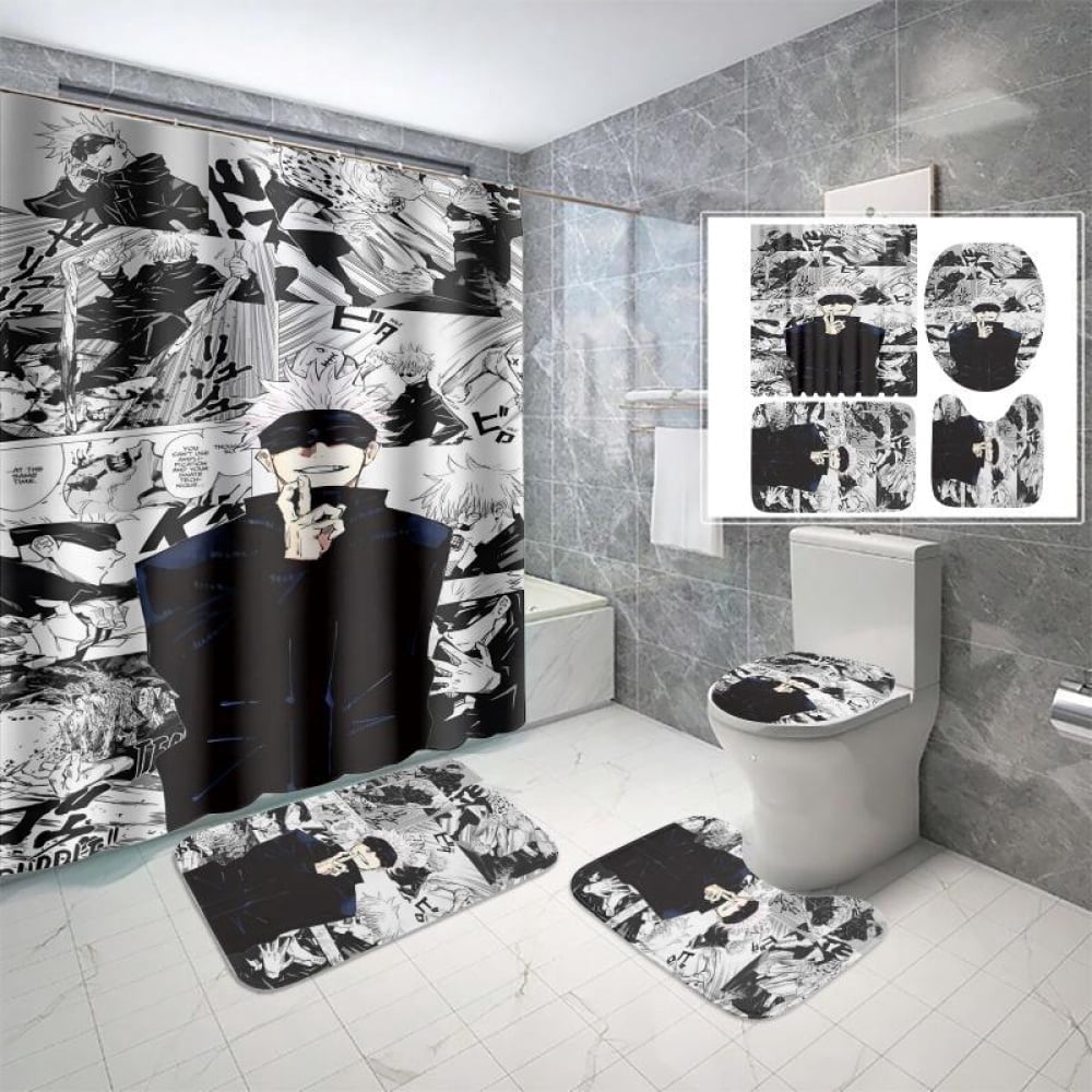 Lheaggik Anime Jujutsu Kaisen 4 Pcs Bathroom Sets with Shower Curtain and Rugs, Waterproof Polyester Shower Curtain Sets with Hooks