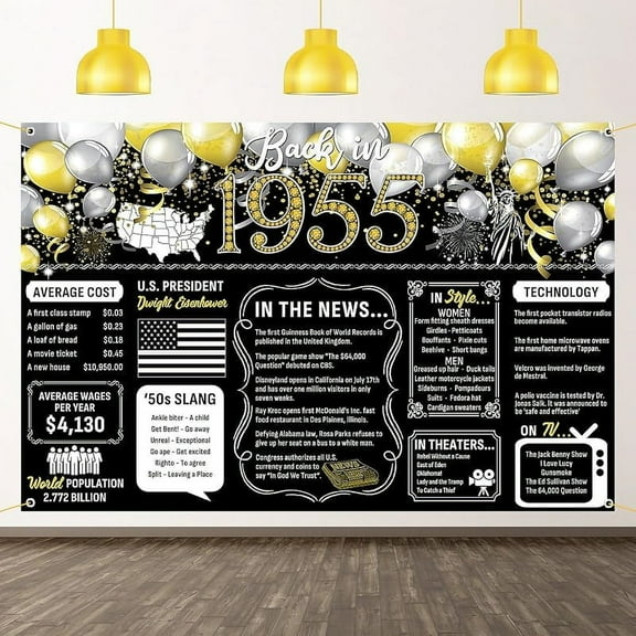 Lheaggik Back in 1955 Backdrop Large Wall Banner, Cheers to 70 Years, Happy 70th Birthday Anniversary Class Reunion Decorations Supplies Poster Photography Background for Men Women