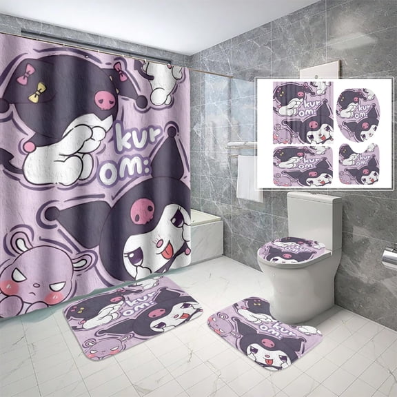 Lheaggik Cartoon 4 Pcs Bathroom Sets with Shower Curtain and Rugs, Waterproof Polyester Shower Curtain Sets with Hooks