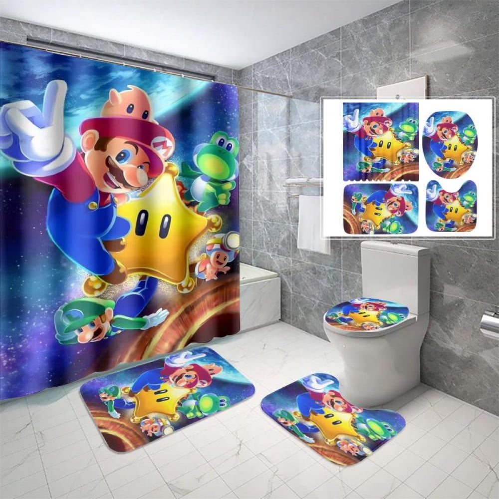 Lheaggik Cartoon Game Brother 4 Pcs Bathroom Sets with Shower Curtain and Rugs, Waterproof Polyester Shower Curtain Sets with Hooks