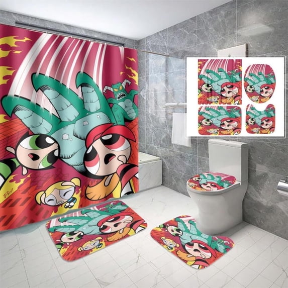 Lheaggik Cartoon Powerpuff Girl 4 Pcs Bathroom Sets with Shower Curtain and Rugs, Waterproof Polyester Shower Curtain Sets with Hooks