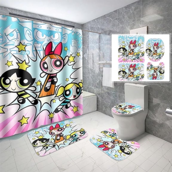 Lheaggik Cartoon Powerpuff Girl 4 Pcs Bathroom Sets with Shower Curtain and Rugs, Waterproof Polyester Shower Curtain Sets with Hooks