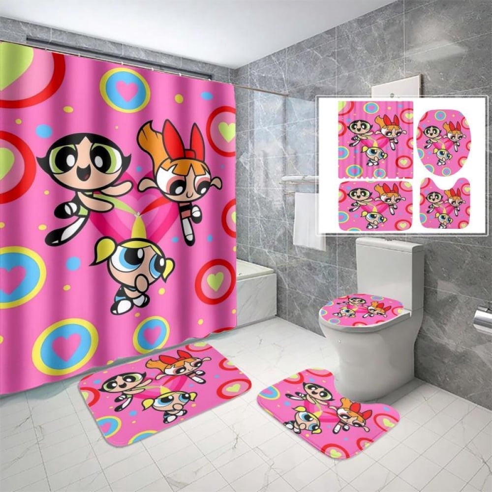 Lheaggik Cartoon Powerpuff Girl 4 Pcs Bathroom Sets with Shower Curtain and Rugs, Waterproof Polyester Shower Curtain Sets with Hooks