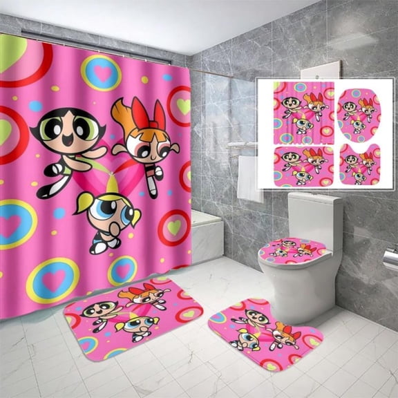 Lheaggik Cartoon Powerpuff Girl 4 Pcs Bathroom Sets with Shower Curtain and Rugs, Waterproof Polyester Shower Curtain Sets with Hooks