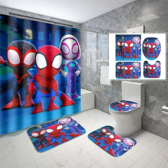 Lheaggik Cartoon Spide Web 4 Pcs Bathroom Sets with Shower Curtain and Rugs, Waterproof Polyester Shower Curtain Sets with Hooks