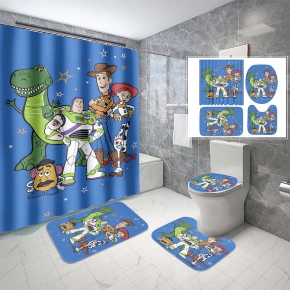 Lheaggik Cartoon Story 4 Pcs Bathroom Sets with Shower Curtain and Rugs, Waterproof Polyester Shower Curtain Sets with Hooks