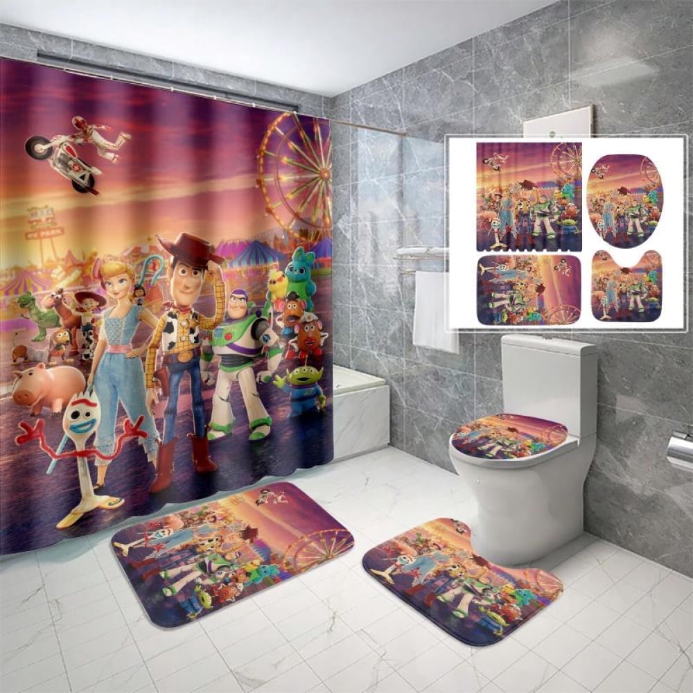Lheaggik Cartoon Story 4 Pcs Bathroom Sets with Shower Curtain and Rugs, Waterproof Polyester Shower Curtain Sets with Hooks