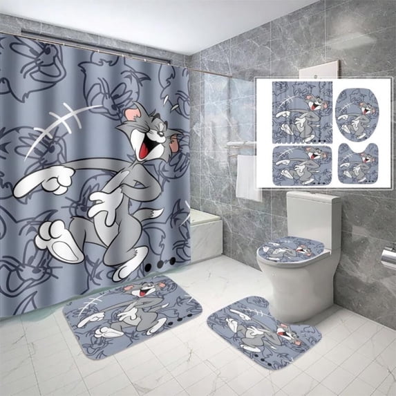 Lheaggik Cartoon Tom 4 Pcs Bathroom Sets with Shower Curtain and Rugs, Waterproof Polyester Shower Curtain Sets with Hooks