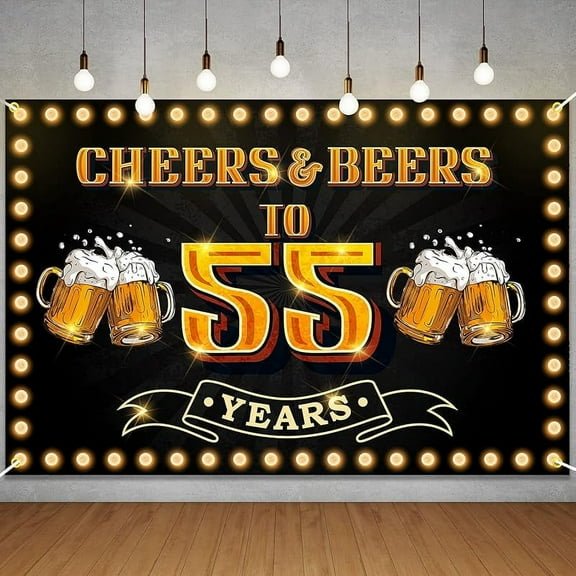 Lheaggik Cheers and Beers to Banner Backdrop Happy 55th Birthday Background for Men Women Photography Bday Anniversary Party Sign Decorations Supplies, Yellow 5X3FT