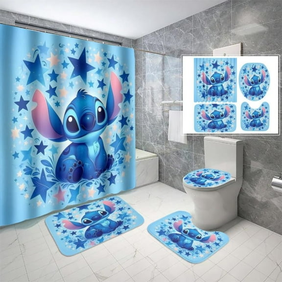 Lheaggik Cute Cartoon 4 Pcs Bathroom Sets with Shower Curtain and Rugs, Waterproof Polyester Shower Curtain Sets with Hooks