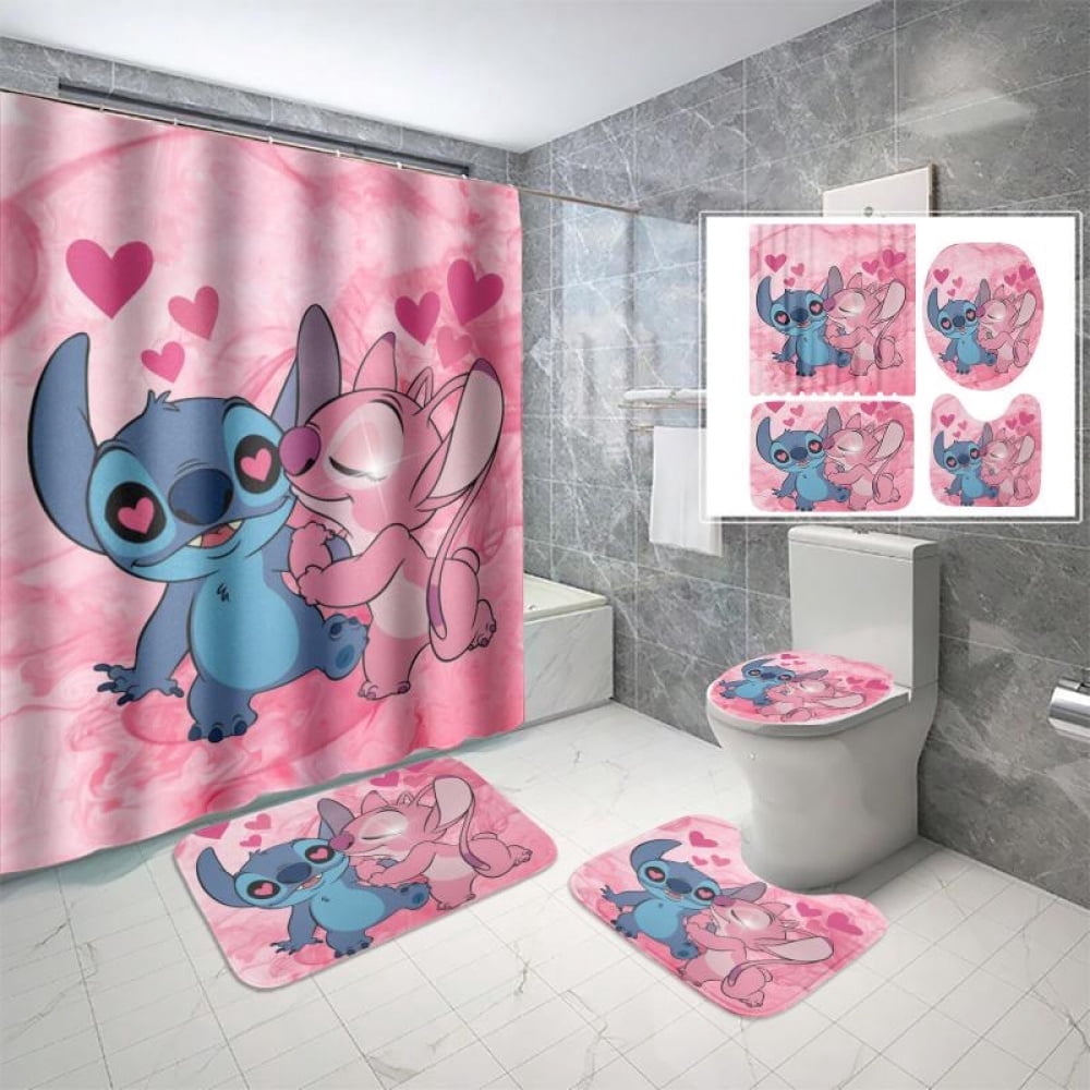 Lheaggik Cute Cartoon 4 Pcs Bathroom Sets with Shower Curtain and Rugs, Waterproof Polyester Shower Curtain Sets with Hooks