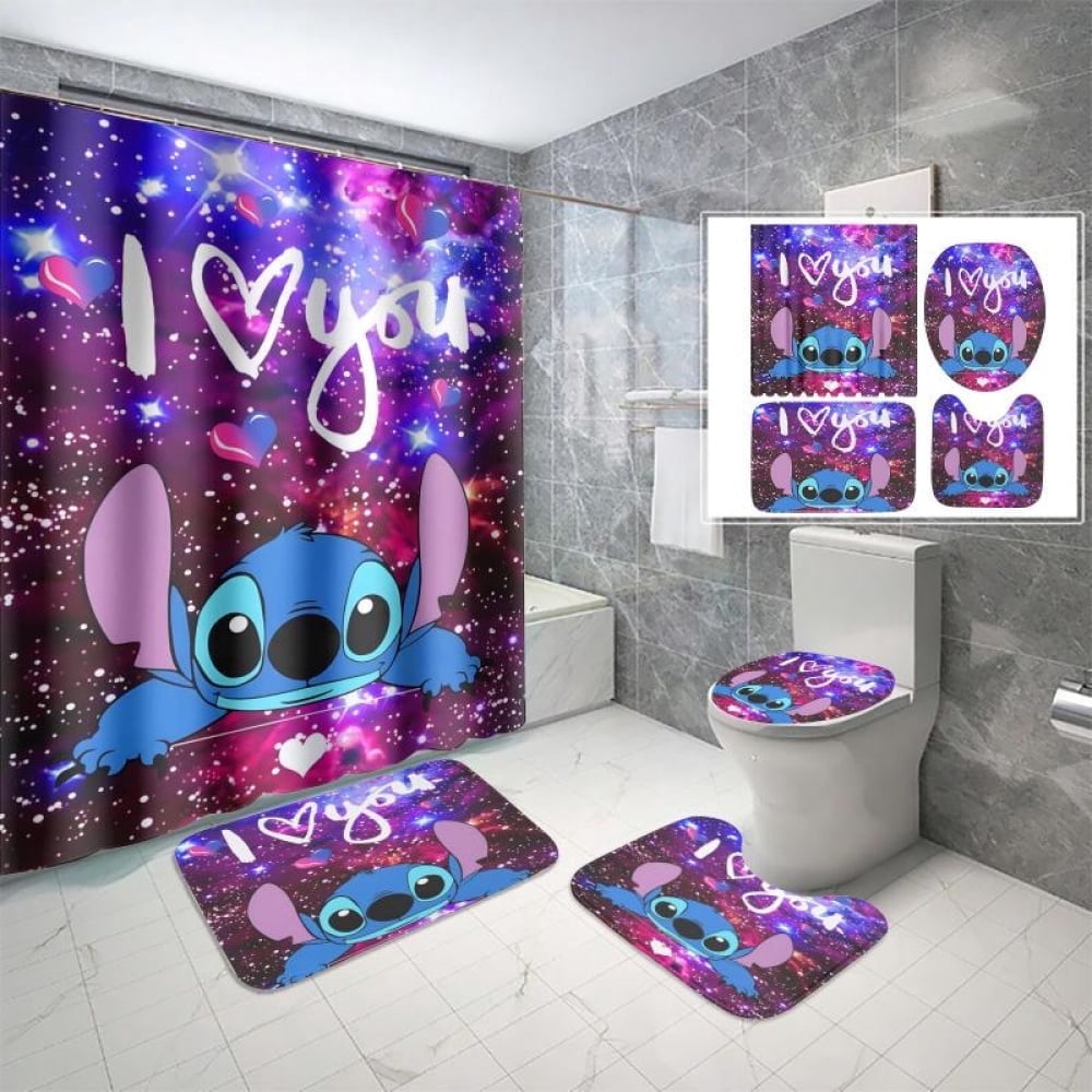 Lheaggik Cute Cartoon 4 Pcs Bathroom Sets with Shower Curtain and Rugs, Waterproof Polyester Shower Curtain Sets with Hooks