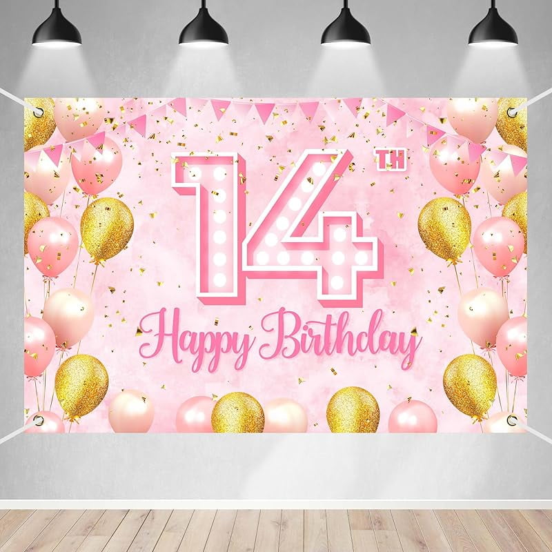 Lheaggik Happy 14th Birthday Banner Backdrop Pink Theme Rose Gold ...