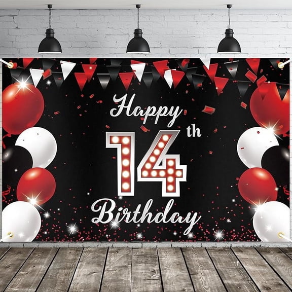 Lheaggik Happy 14th Birthday Banner Backdrop, Red Black Happy 14th Birthday Decorations for Boys Girls, 14 Year Old Birthday Party Supplies Décor, 6x4 Ft