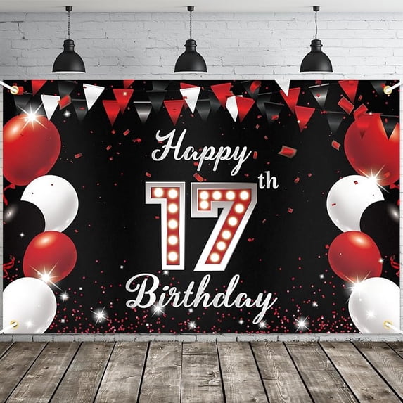 Lheaggik Happy 17th Birthday Banner, Red Black Happy 17th Birthday ...