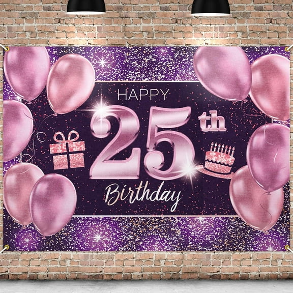 Lheaggik Happy 25th Birthday Banner Backdrop - 25 Birthday Party Decorations Supplies for Women Her - Pink Purple Gold
