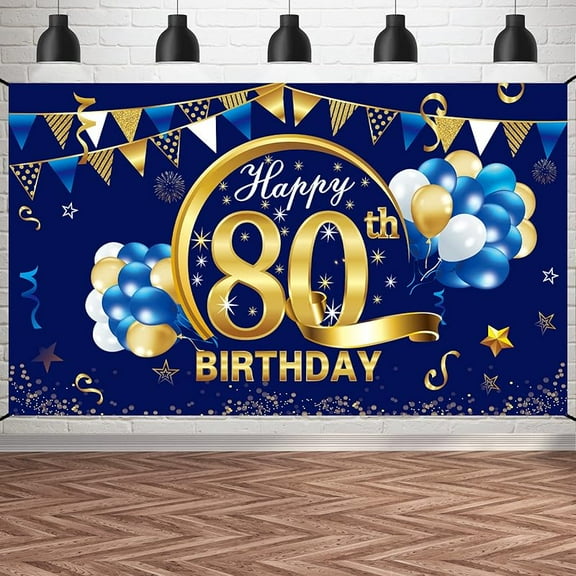 Lheaggik Happy 80th Birthday Banner Decorations for Men, Blue Gold 80 Birthday Backdrop Party Supplies, 80 Year Old Birthday Photo Background Signr 6x4ft