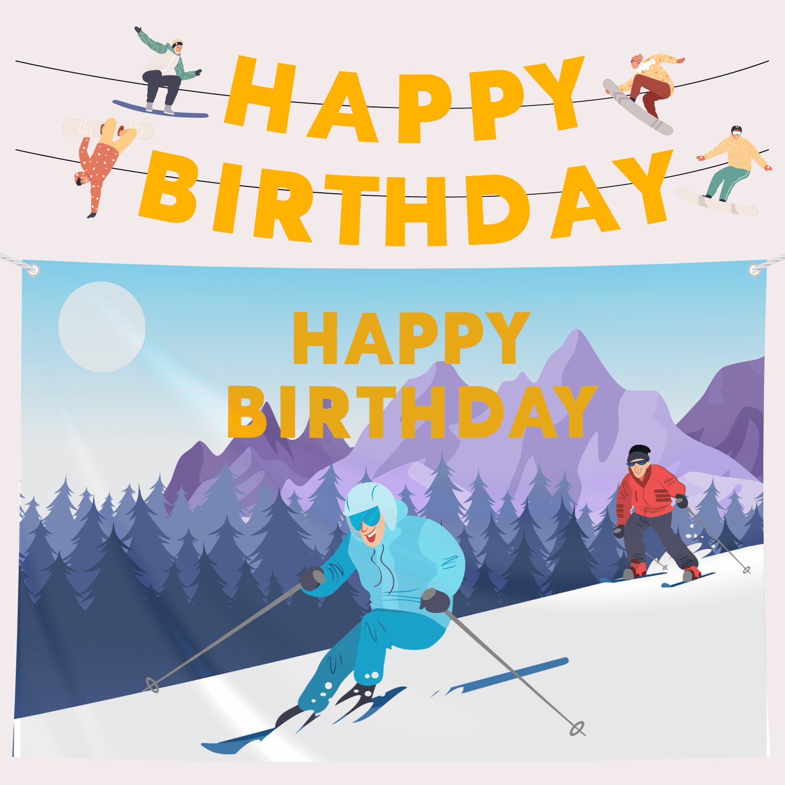 Skiing Theme Happy Birthday Banner - 3-Piece Party Decoration For Winter Birthday