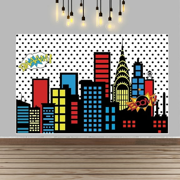 Lheaggik Hero Cityscape Photography Backdrop 5x3ft Comic Buildings for Cartoon Super City Theme Birthday Party Cake Table Decorations Banner Photo Prop