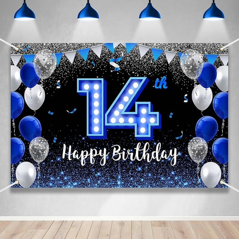 Lheaggik Large Happy 14th Birthday Backdrop Banner Blue Black Theme ...