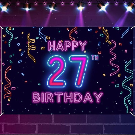 Lheaggik Neon Birthday Banner Backdrop, 27 Years Birthday Party Banner Let Glow Party Disco Dance Neon Theme Backdrop 6x4ft