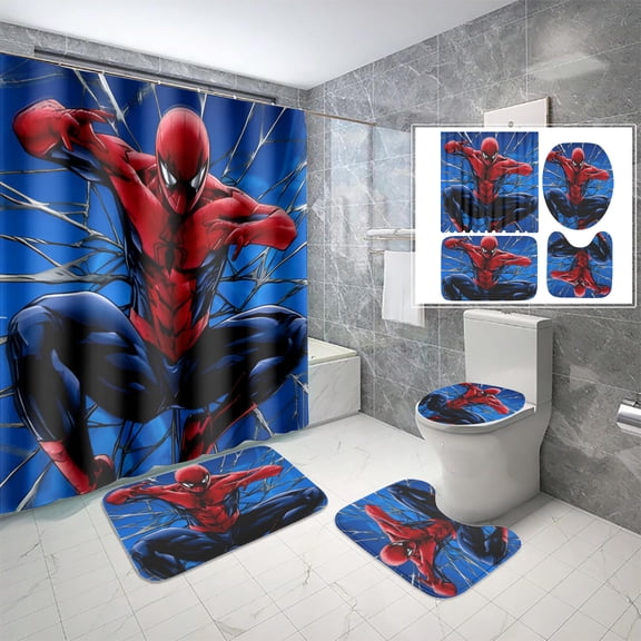 Lheaggik Spide Web Cartoon 4 Pcs Bathroom Sets with Shower Curtain and Rugs, Waterproof Polyester Shower Curtain Sets with Hooks