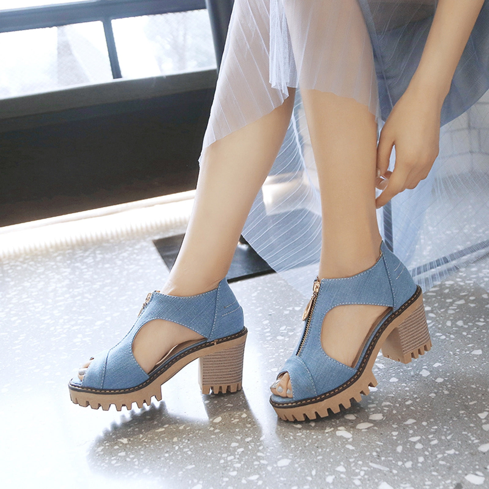 Lhked Comfort Denim And Artificial Leather Microfiber High Heel Women's Shoes Size 35-43 Party Dress Shoes 9.5