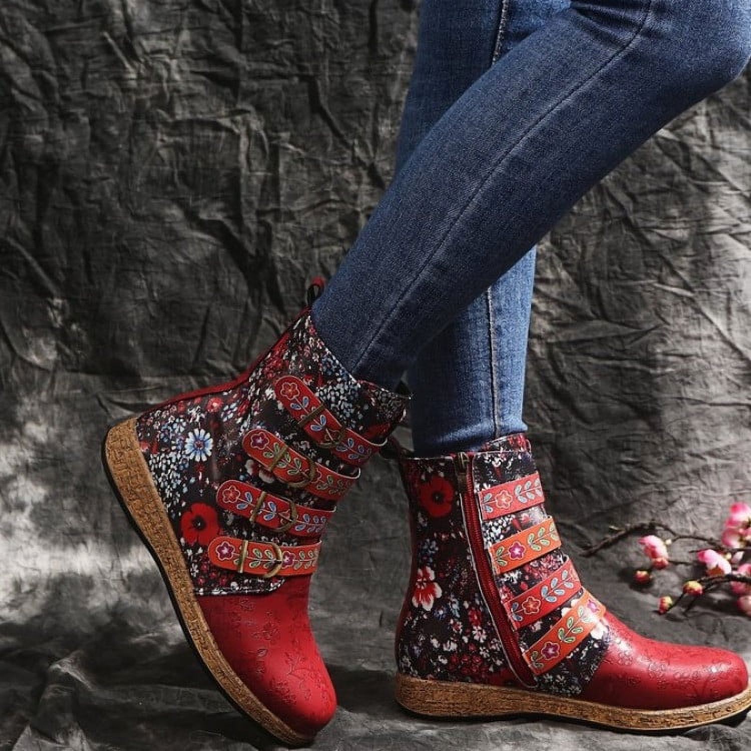 Lhked Vintage Red Boots Large Printed European And American Style Leather Boots Walmart