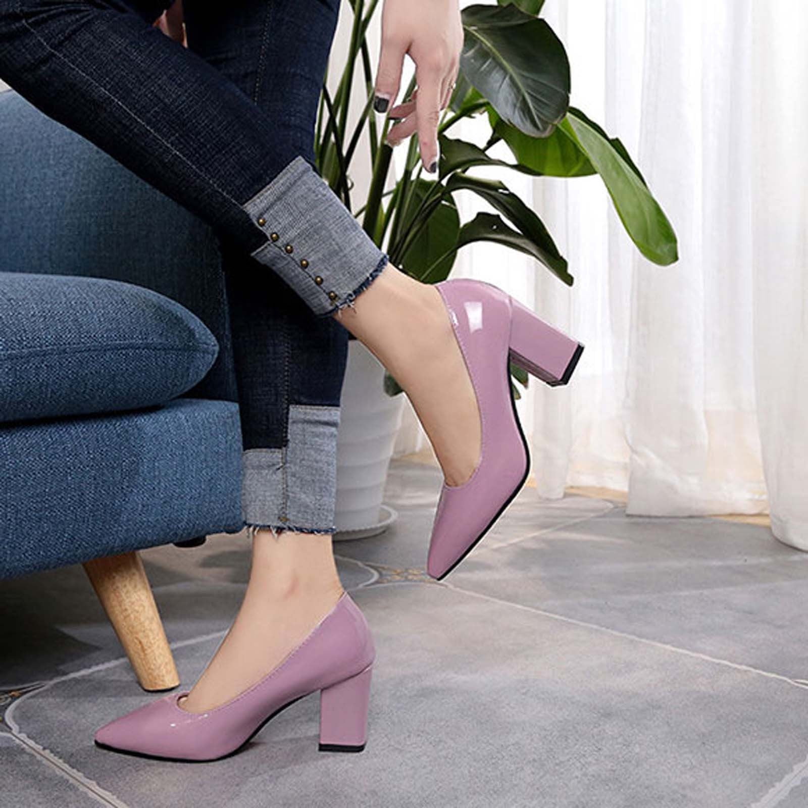 Womens Chunky High Heel Pointed Toe Pumps Casual Ankle Strap Closed Toe  Block Shoes