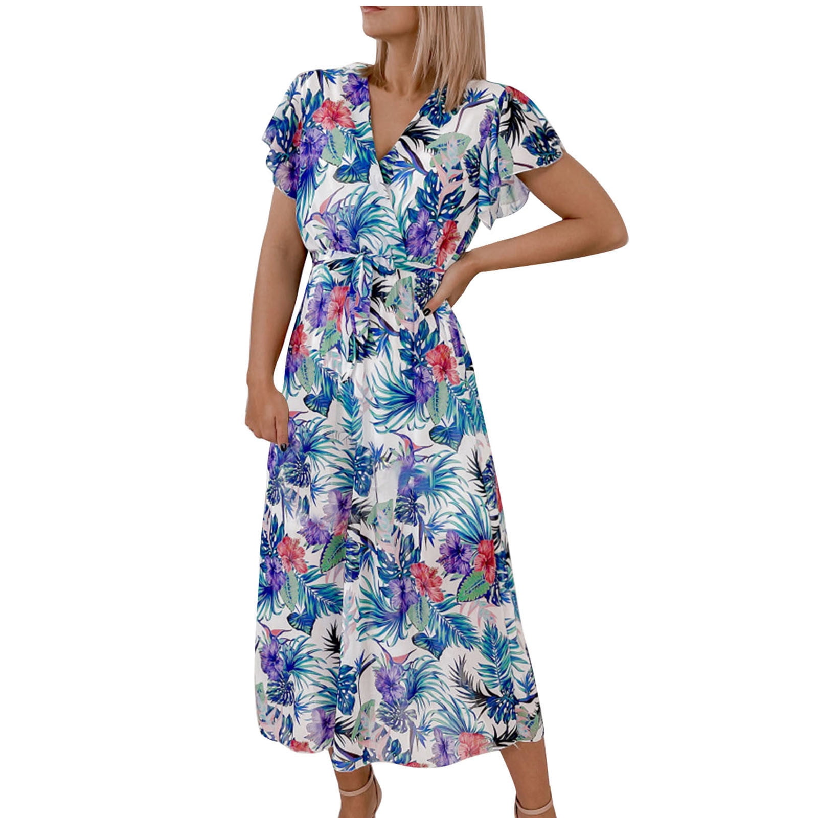 Seta T Women's Polka Dot Summer Dress - Flutter Sleeve, V-Neck, Elastic Waist Flowy Midi Dress For Casual Or Date